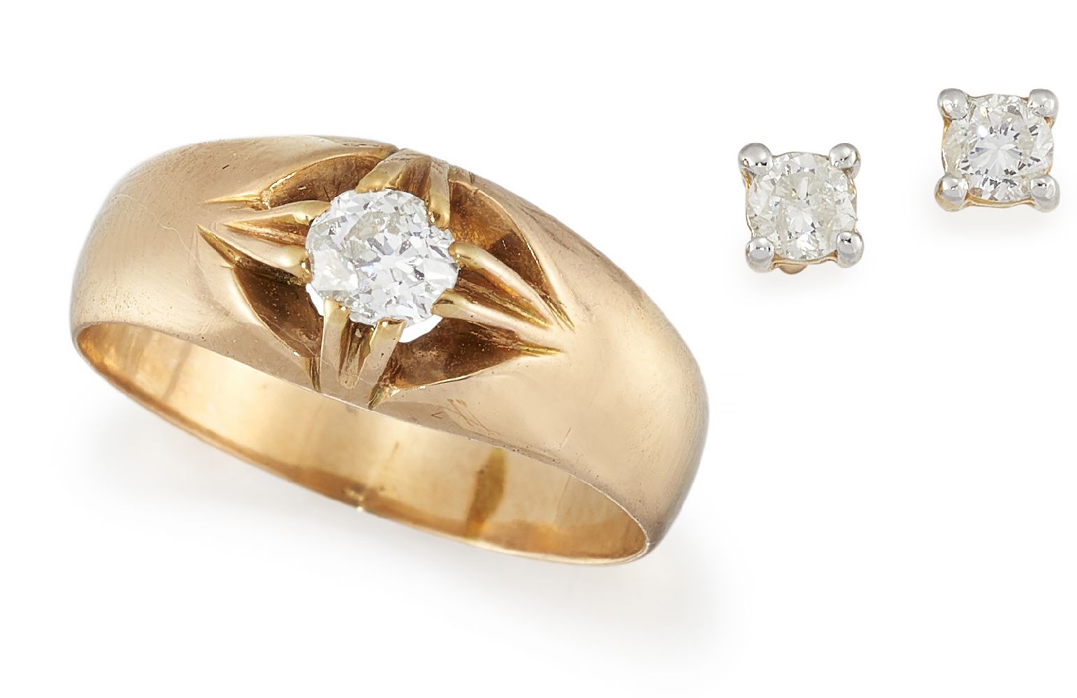 A diamond single stone ring and a pair of diamond single stone earstuds, the ring with claw-set