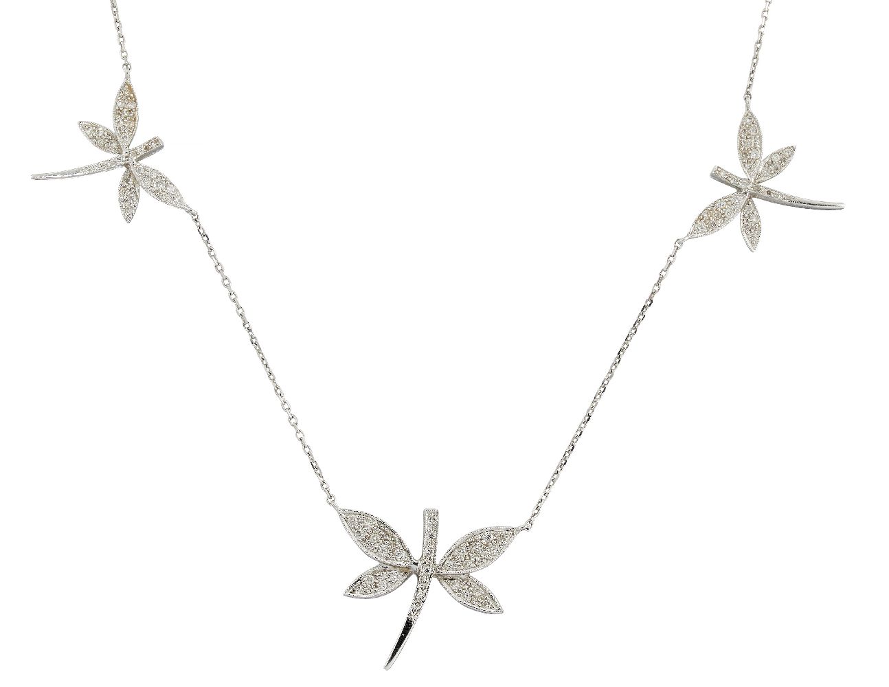 An 18ct white gold and diamond dragonfly necklace, the three pave set diamond dragonflies