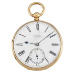 An 18ct gold open face key-wind pocket watch by J. H. Allis, the white enamel dial with Roman