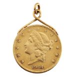 A pendant mounted gold USA 20 dollar coin, 1904, soldered mountPlease refer to department for