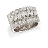 A diamond half-hoop ring, designed as seven angled, baguette diamonds framed by two rows of