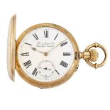 A late 19th/early 20th century gold hunter case keyless pocket watch by Favre Leuba & Co., the white