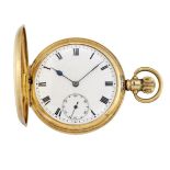 An 18ct gold hunter case pocket watch, the white enamel dial with Roman numerals and subsidiary