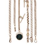 A group of six late 19th/early 20th century gold chains, including four 9ct gold watch chains, a 9ct