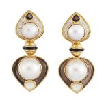 A pair of cultured and mother-of-pearl pearl, onyx and diamond earrings, designed as stylised