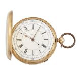 An 18ct gold hunter case stopwatch pocket watch, the white enamel dial with Roman numerals, outer