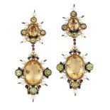 A pair of citrine, peridot and cultured pearl drop earrings, probably by Percossi Papi (unsigned),