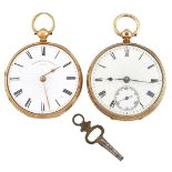 Two 18ct gold open face pocket watches, each with white enamel dials with Roman numerals, one signed