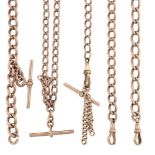 Four late 19th/early 20th century 9ct gold watch chains, of curb-link design, clip and bar