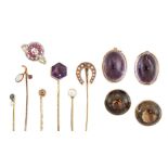 A group of jewellery comprising: six stickpins, including: one with diamond single stone top; one