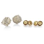 Two pairs of cufflinks, comprising: a pair of circular cabochon citrine cufflinks with chain link