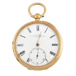 An 18ct gold open-face pocket watch, the white enamel dial with Roman numerals and gilt hands (