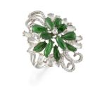 A jadeite jade and diamond cluster ring, designed as a flowerhead, the green and white jadeite