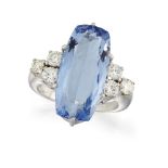 An aquamarine single stone and diamond ring, the cushion shaped aquamarine between brilliant-cut