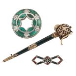 A 19th century Scottish, gold and agate basket hilted sword brooch, the hilt set with a single