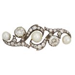 A late 19th century pearl and diamond brooch, of old-cut diamond scroll design with single pearl