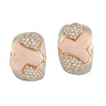 A pair of pink coral and diamond earrings, by Andreoli, of stylised triple heart design, with pave