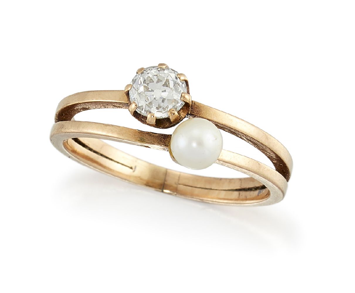 A late 19th century Russian, diamond and cultured pearl ring, of split hoop design set with an old