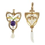 Two Art Nouveau gold, pearl and gem pendants, the first with freshwater pearl drop to a half-pearl