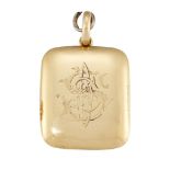 A late 19th century 18ct gold hinged locket pendant, the locket of rectangular smooth edge form