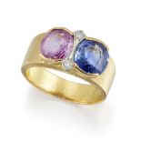 A sapphire and pink sapphire ring, with diamond points, the two half-collet set cushion-shaped