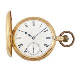 An 18ct gold demi-hunter case pocket watch, the white enamel dial with Roman numerals and subsidiary