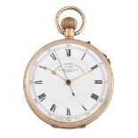 A late 19th/early 20th century 9ct gold open face keyless chronograph pocket watch by M. Greaves &
