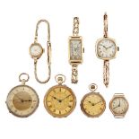 Three small gold fob watches and four lady's gold wristwatches, fob watches comprise two gold open