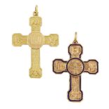 Two cross pendants, of similar lobed design, the arms with Greek letters, one with blue enamel