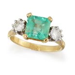 An emerald and diamond three stone ring, the square cut-cornered emerald with brilliant-cut