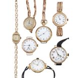 Seven various gold wristwatches, comprising: a late 19th/early 20th century gold open face keyless