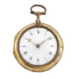 18th century gilt pair case pocket watch, the white enamel dial with Roman numerals and Arabic outer