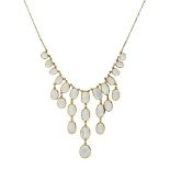 An 18ct gold moonstone drop necklace, the graduating fringes of twenty four articulated collet set