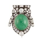 An emerald and diamond brooch, the oval cabochon emerald within an old brilliant, brilliant,