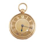 An early 19th century 18ct gold open face pocket watch, the gold engine-turned dial with Roman