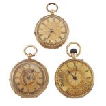 Three 19th century gold open face fob watches, comprising: an 18ct gold fob watch, the engraved dial