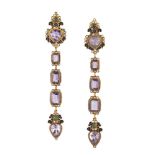 A pair of amethyst and seed pearl enamelled vermeil line drop earrings, by Percossi Papi the heart