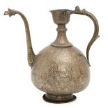 A Mughal engraved brass ewer, North India, 18th century, of typical form with curved handle and