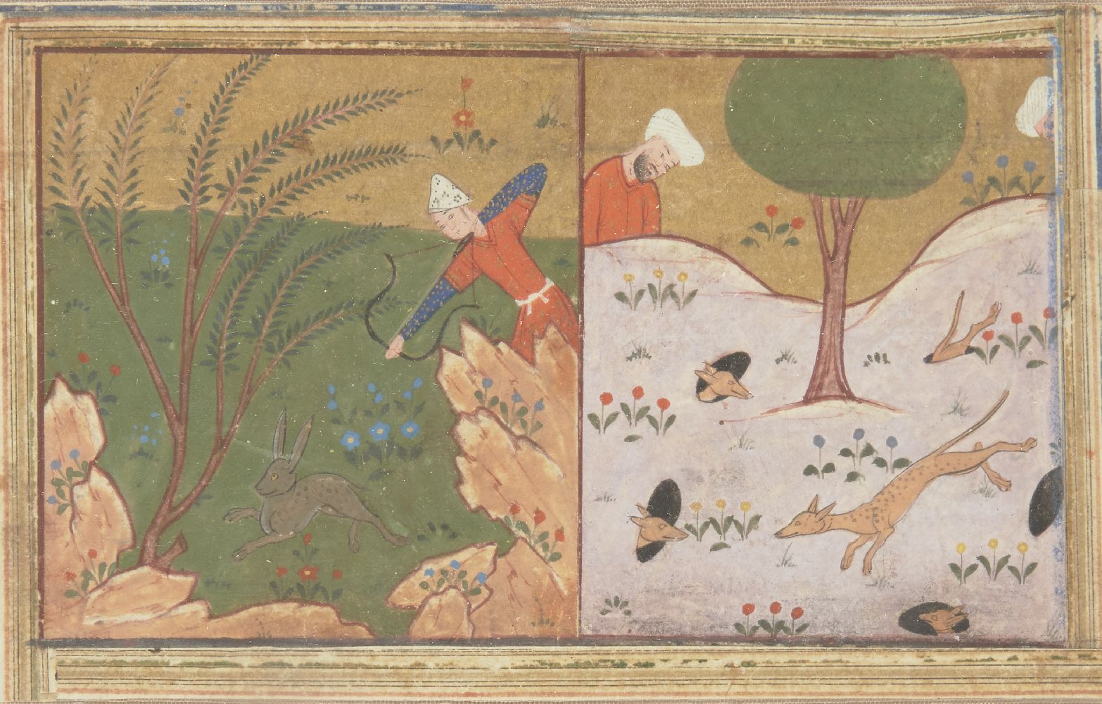 A small Safavid miniature of dogs hunting rabbits, Iran, 17th century, gouache on paper heightened