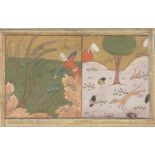 A small Safavid miniature of dogs hunting rabbits, Iran, 17th century, gouache on paper heightened