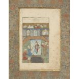 A Safavid miniature of a prince offered a cup, Iran, 16th century, with later repainting, opaque