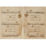 Three folios from a Qur'an, Iran, Egypt, 16th century, Arabic manuscript on paper, 9ll. of black