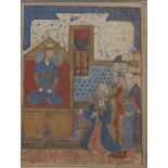 A plaintiff before a ruler, Timurid Iran, mid-15th century, gouache heightened with gold on paper, a