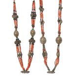 Two coral and white metal wedding necklaces, Afghanistan, early 20th century, multiple strands of