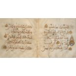 A Maghrebi Qur'an bifolio, Spain or North Africa, circa 12th/14th century, Qur'an LIII (sura al-