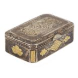 A nielloed and gilt decorated silver pill box, Iran, 19th century, of rectangular form with angled