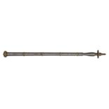 A Mughal brass and steel staff, India, 19th century, the long tubular steel shaft with four brass