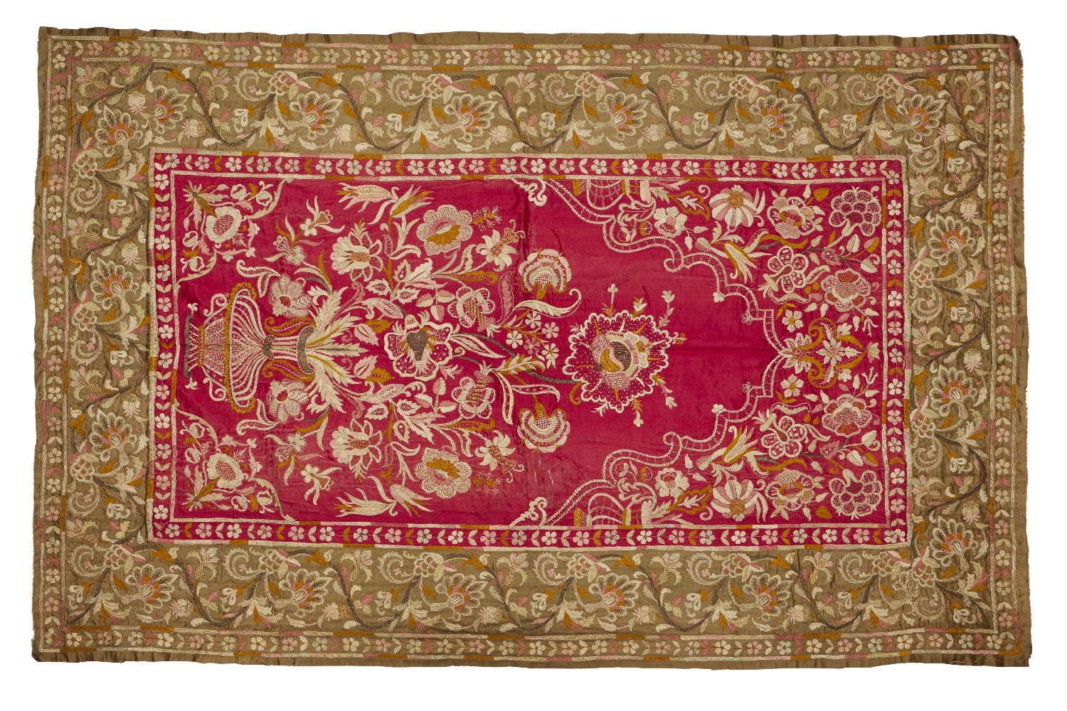 An Ottoman embroidered mihrab panel, Turkey, late 18th-early 19th century, the central rectangular