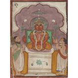 Padmaprabha (the 6th Jain Tirthankara) with two priests, Rajasthan, circa 1800, opaque pigments on