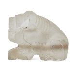 A carved rock crystal lion, Iran, drilled through front legs to behind, the mouth flattened, stripes